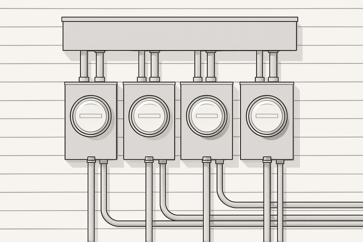 Illustration of a bank of separate electrical meters serving individual dwelling units (illustration)