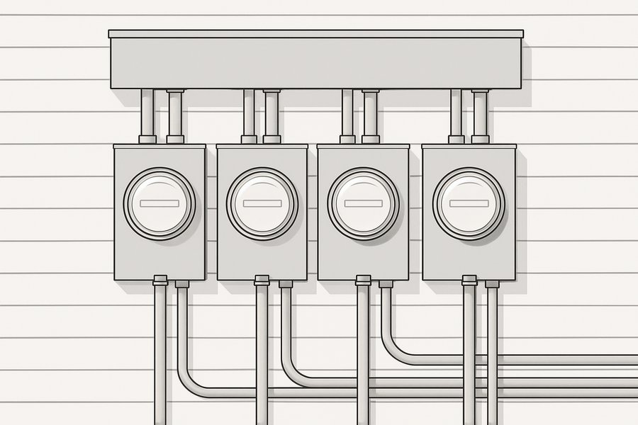 Illustration of a bank of separate electrical meters serving individual dwelling units (illustration)