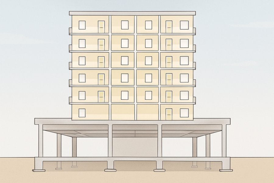 Illustration of residential floors carried on a transfer level above ground-level parking (illustration)