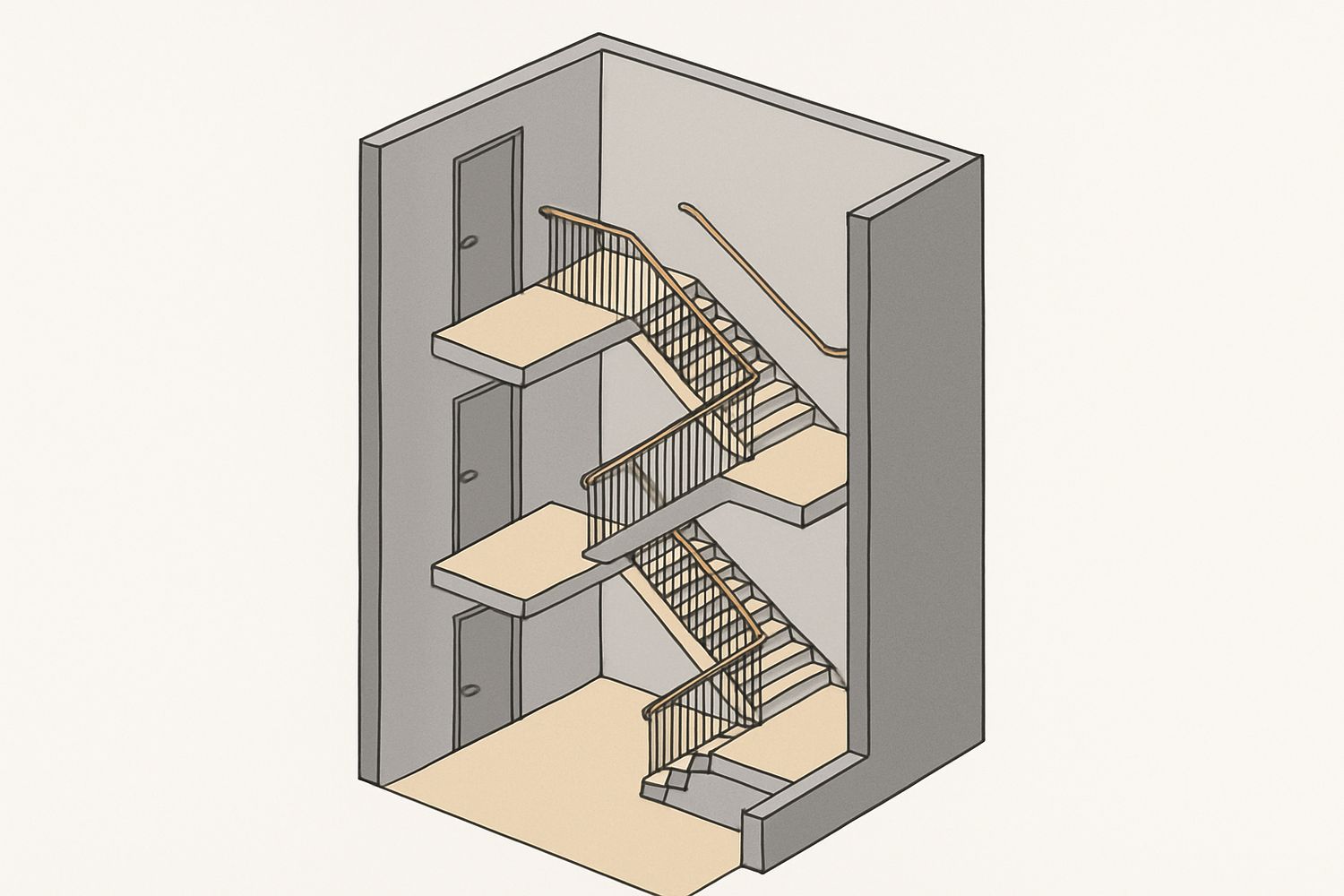 Illustration of an enclosed exit stair running through three levels of a building (illustration)
