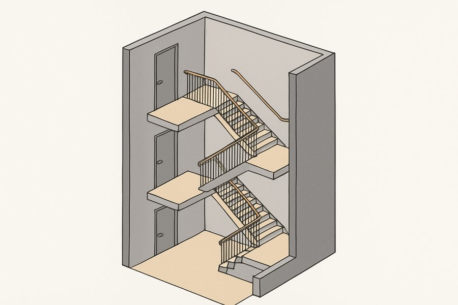 Illustration of an enclosed exit stair running through three levels of a building (illustration)
