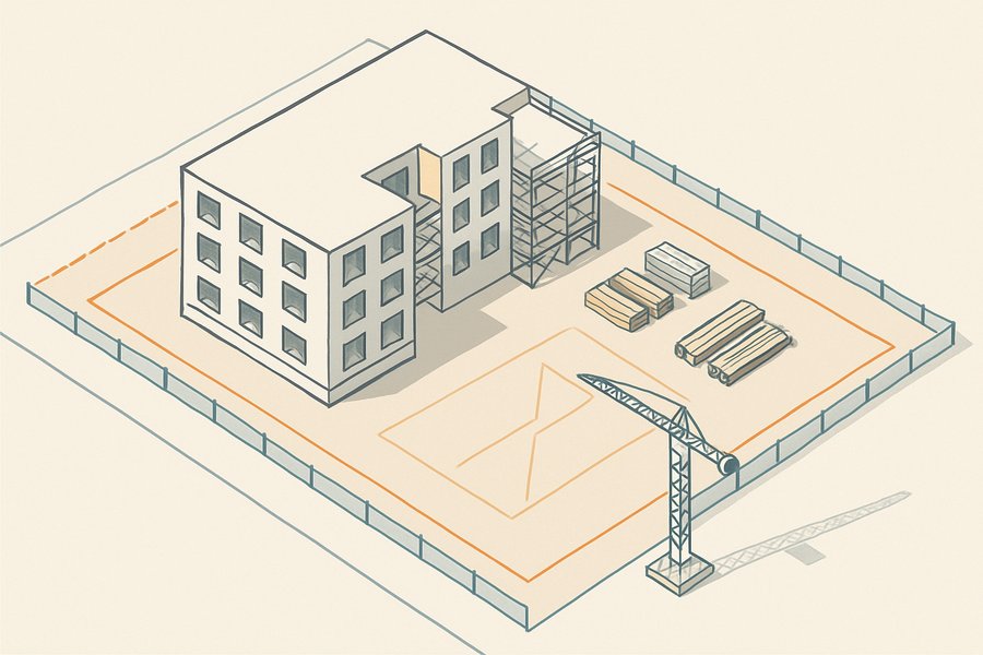 Illustration of a multi-family construction site with laydown area and crane position (illustration)