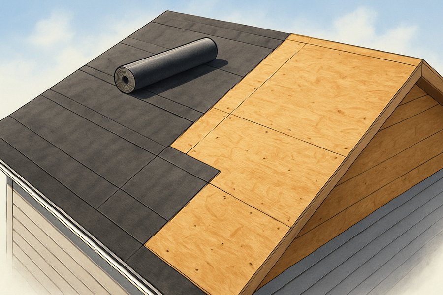 Illustration of a roof deck covered with a self-adhered secondary water barrier (illustration)
