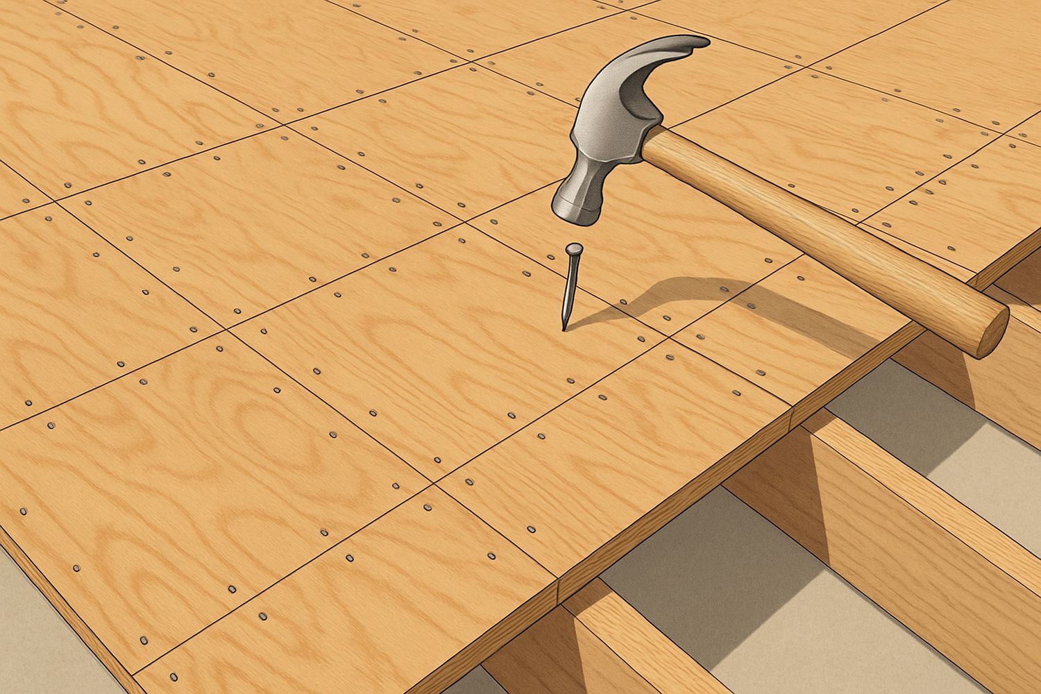 Illustration of a plywood roof deck being re-nailed to the framing below (illustration)
