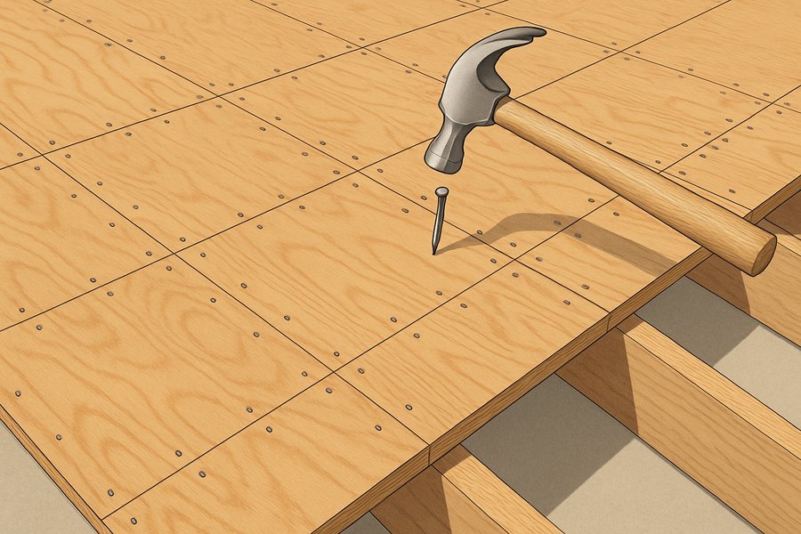 Illustration of a plywood roof deck being re-nailed to the framing below (illustration)