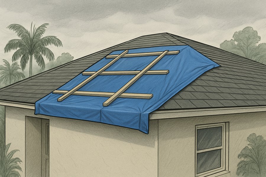 Illustration of emergency protective sheeting battened over a damaged roof slope (illustration)