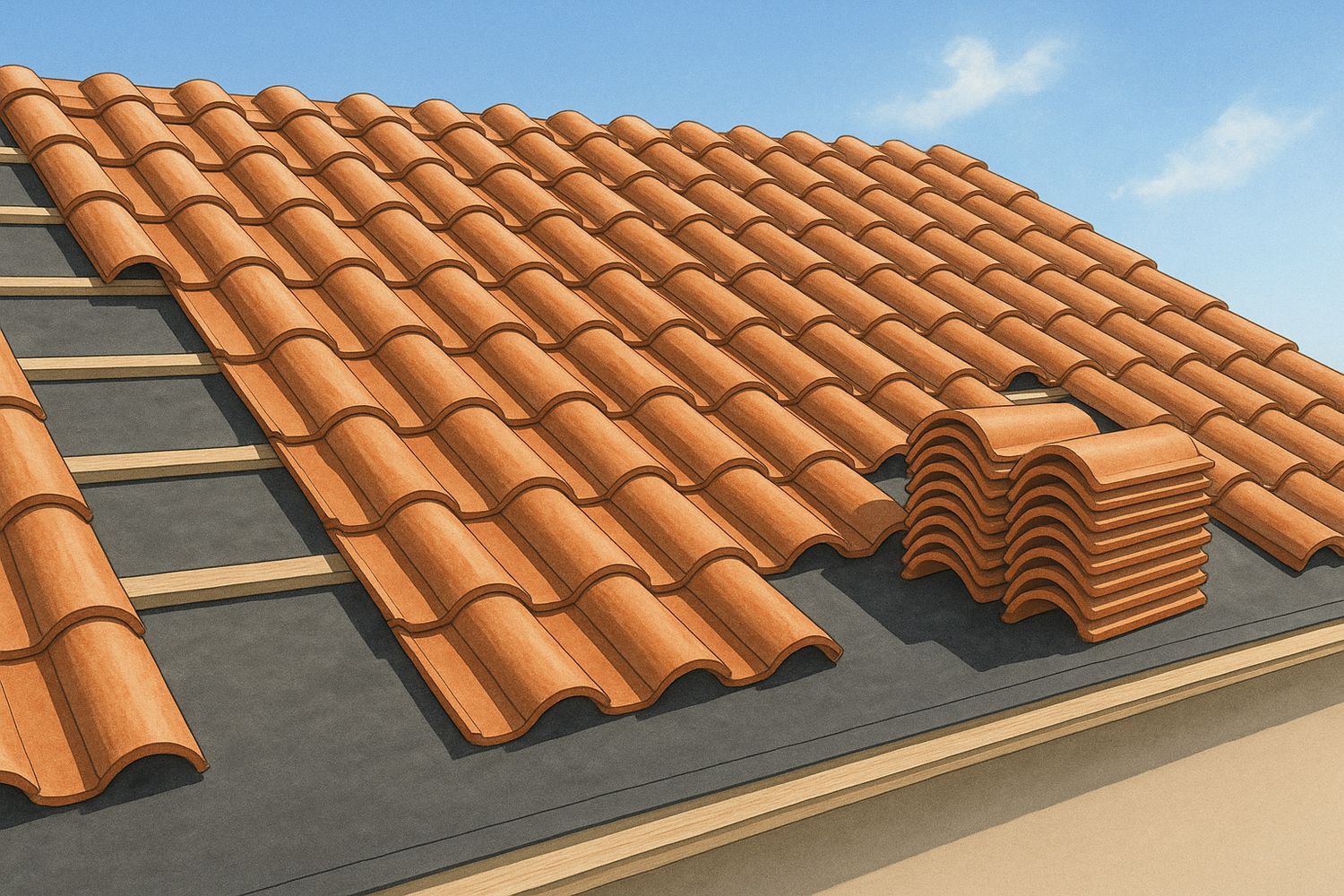 Illustration of barrel tile being set over roof underlayment (illustration)