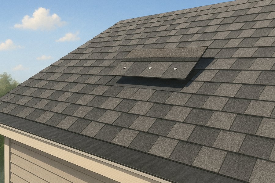 Illustration of architectural asphalt shingles laid in courses over underlayment (illustration)