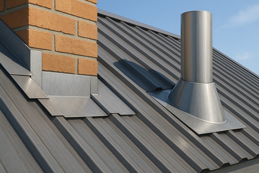 Illustration of metal flashing lapped into a roof covering at a wall and a penetration (illustration)