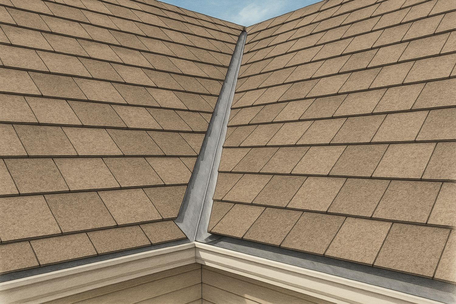 Illustration of a metal-lined roof valley with the covering running in from both slopes (illustration)