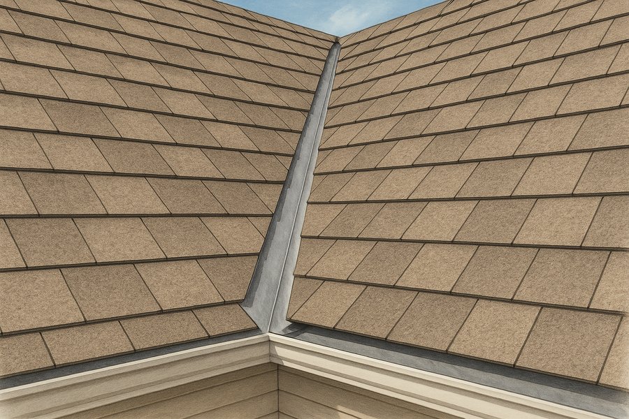 Illustration of a metal-lined roof valley with the covering running in from both slopes (illustration)