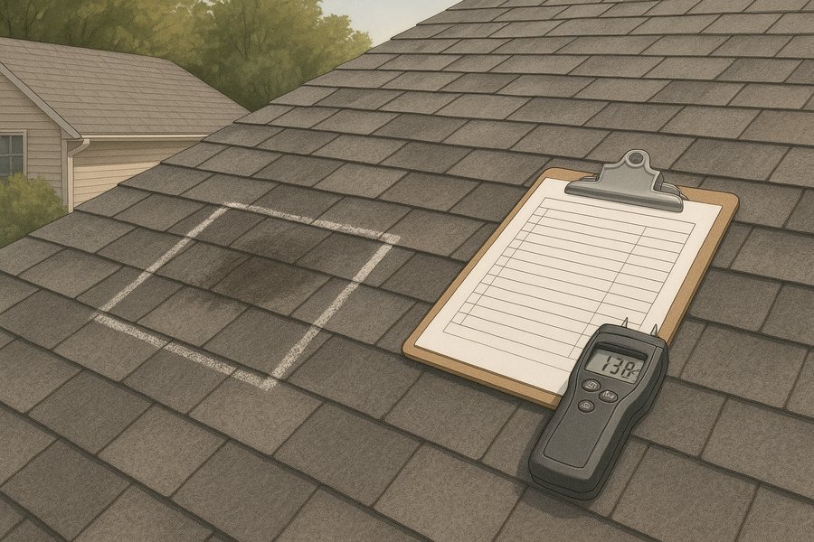 Illustration of roof inspection equipment resting beside a marked area of a roof (illustration)
