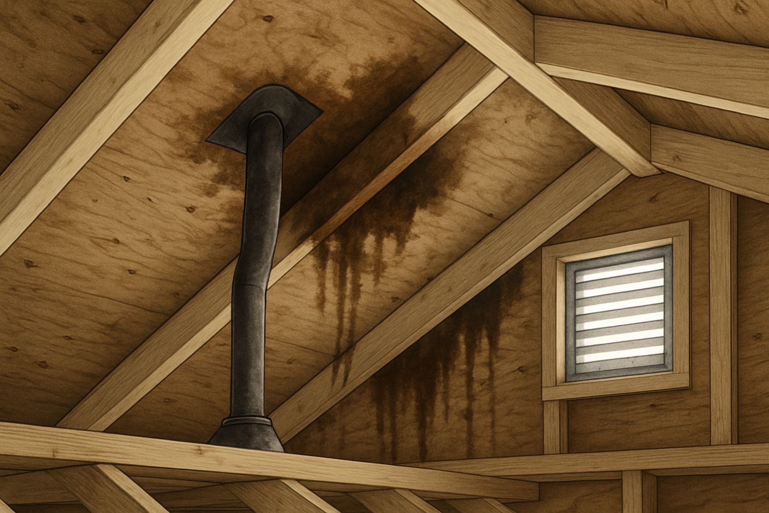 Illustration of water staining on the underside of a roof deck seen from the attic (illustration)