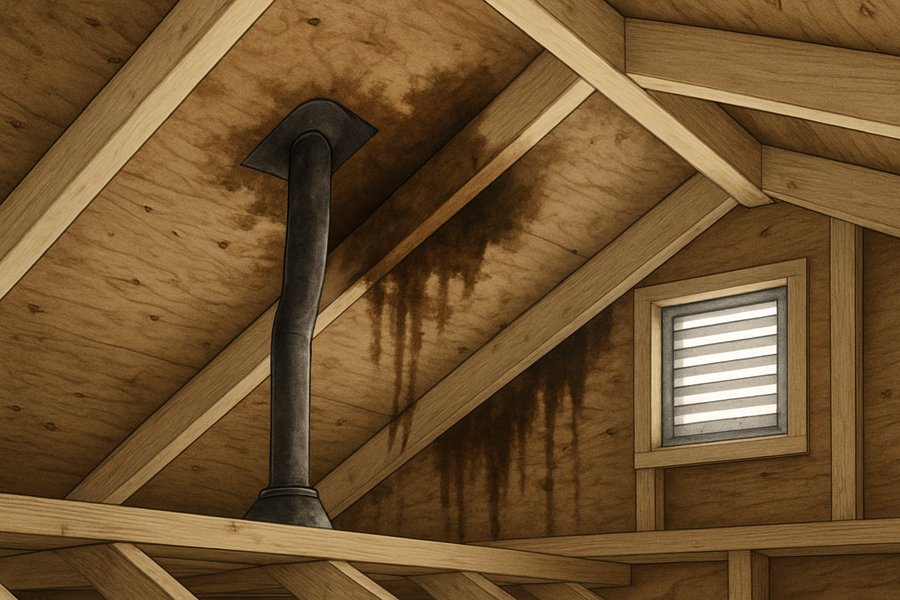 Illustration of water staining on the underside of a roof deck seen from the attic (illustration)