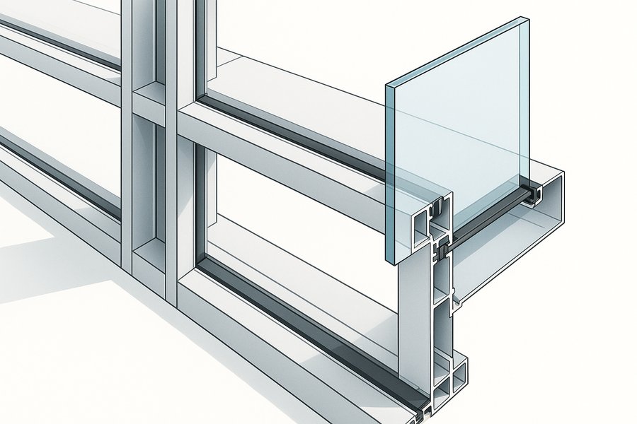 Illustration of an aluminium storefront framing grid with a glazed panel part-installed (illustration)
