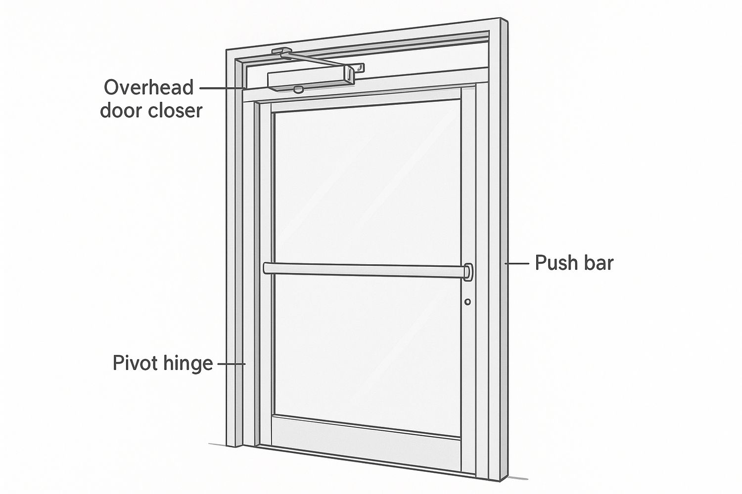 Illustration of a commercial aluminium entrance door with an overhead closer and push bar (illustration)