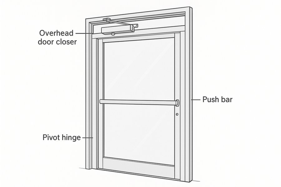 Illustration of a commercial aluminium entrance door with an overhead closer and push bar (illustration)
