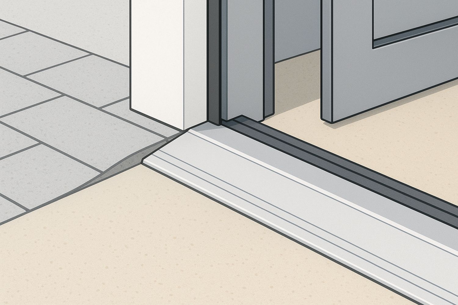 Illustration of a low-profile bevelled accessible threshold at a commercial entrance (illustration)