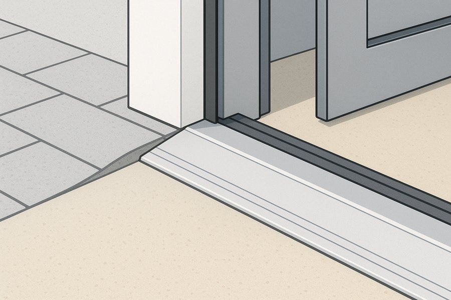 Illustration of a low-profile bevelled accessible threshold at a commercial entrance (illustration)