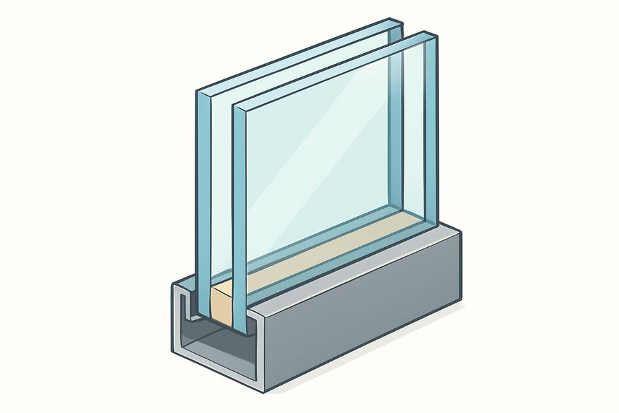 Illustration of laminated impact glazing showing two glass plies bonded to an interlayer (illustration)
