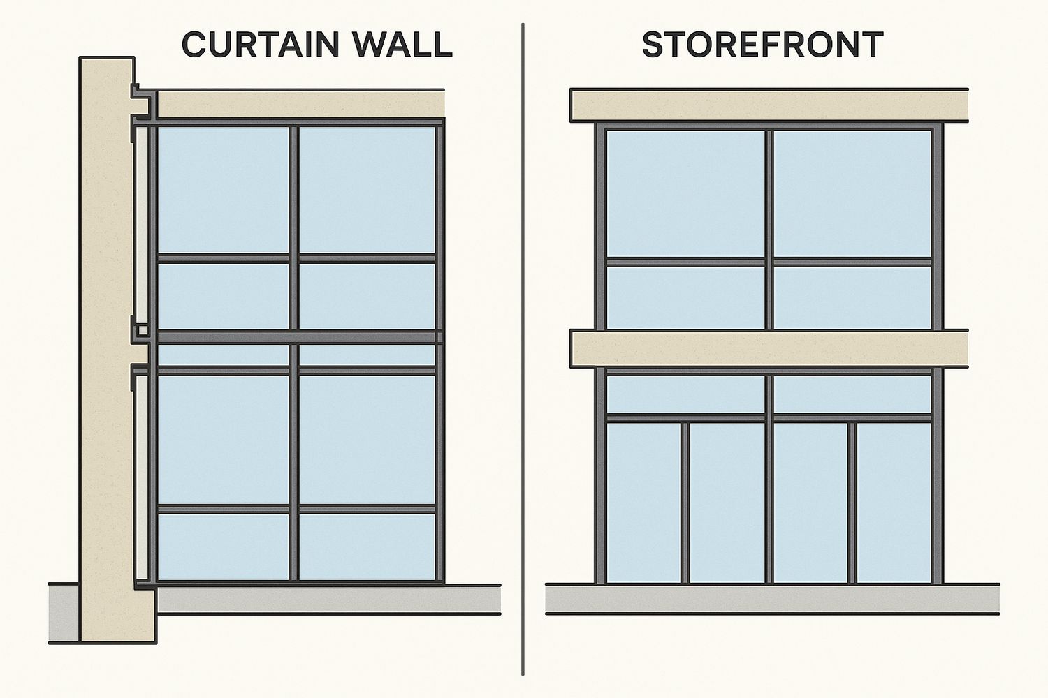 Illustration comparing a curtain wall spanning past a floor slab with an infill storefront system (illustration)
