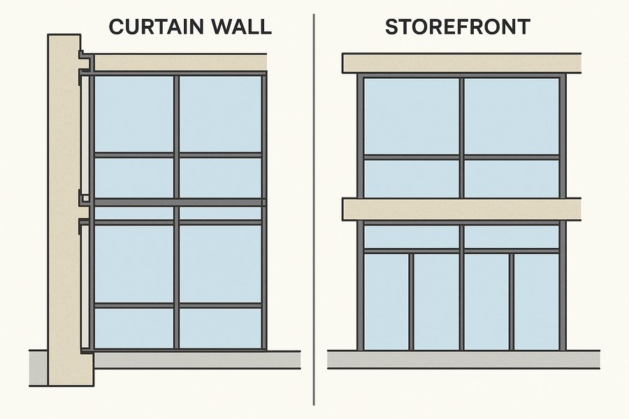 Illustration comparing a curtain wall spanning past a floor slab with an infill storefront system (illustration)