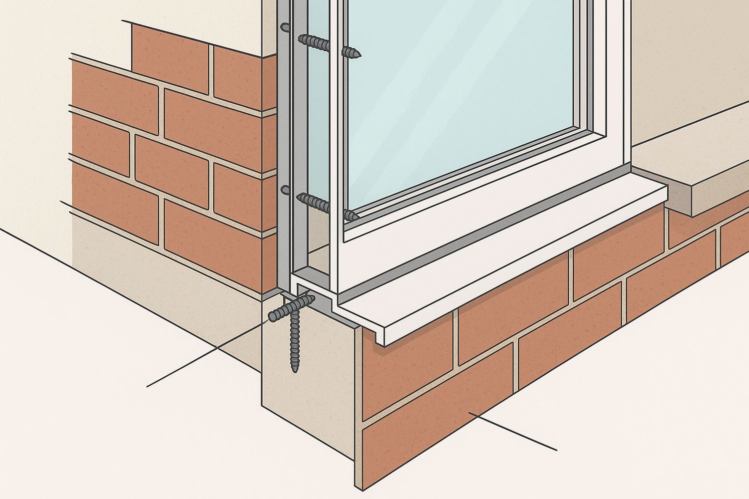 Illustration of a storefront frame anchored into a masonry opening with a perimeter sealant joint (illustration)