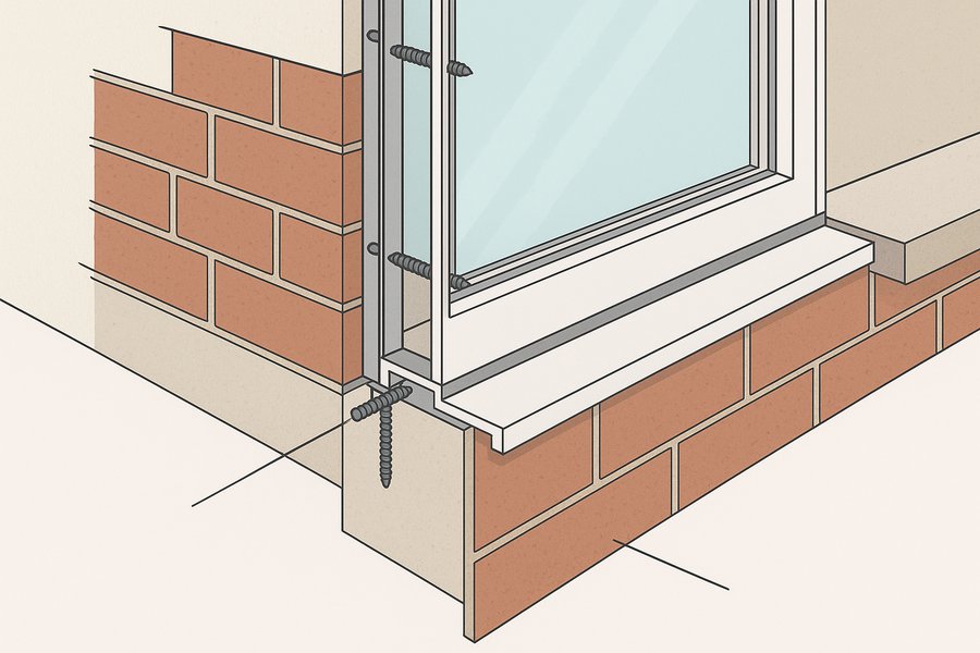 Illustration of a storefront frame anchored into a masonry opening with a perimeter sealant joint (illustration)