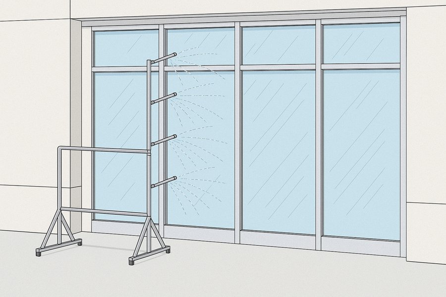 Illustration of a spray rack water-testing an installed storefront elevation (illustration)