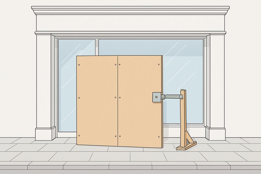 Illustration of a temporary secure closure panel over a shopfront opening during works (illustration)