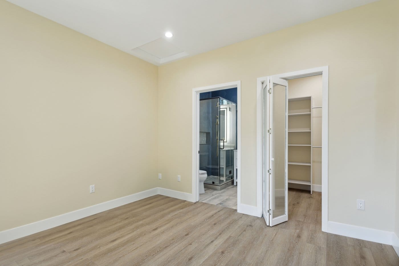 Bedroom looking through to a walk-in closet and the bathroom beyond, with wood-look plank flooring throughout