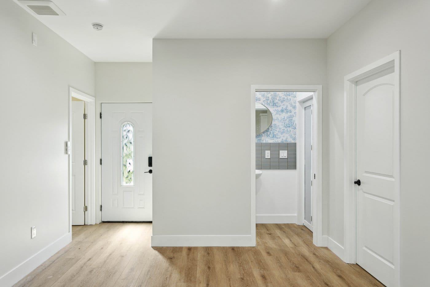 Interior entry with a glazed front door, white walls and wood-look plank flooring running through to the rooms beyond