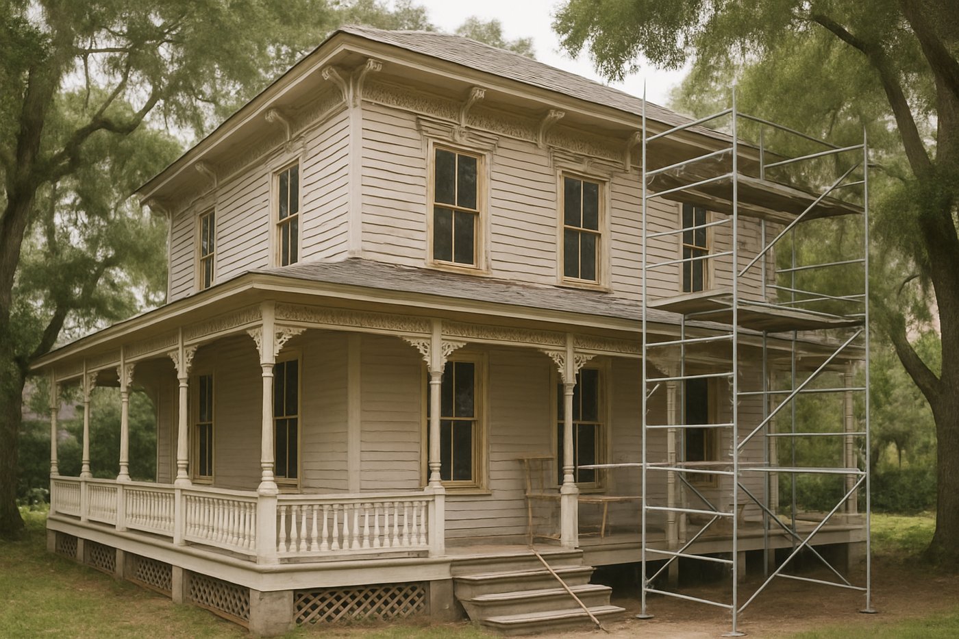 Period house exterior during renovation, with original windows and trim being repaired