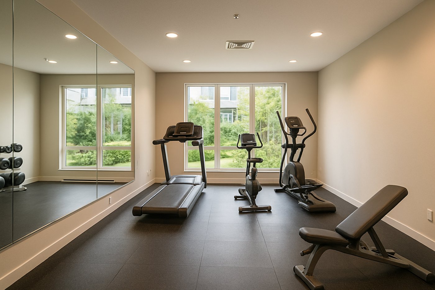 Apartment amenity room fitted out as a fitness space with resilient flooring