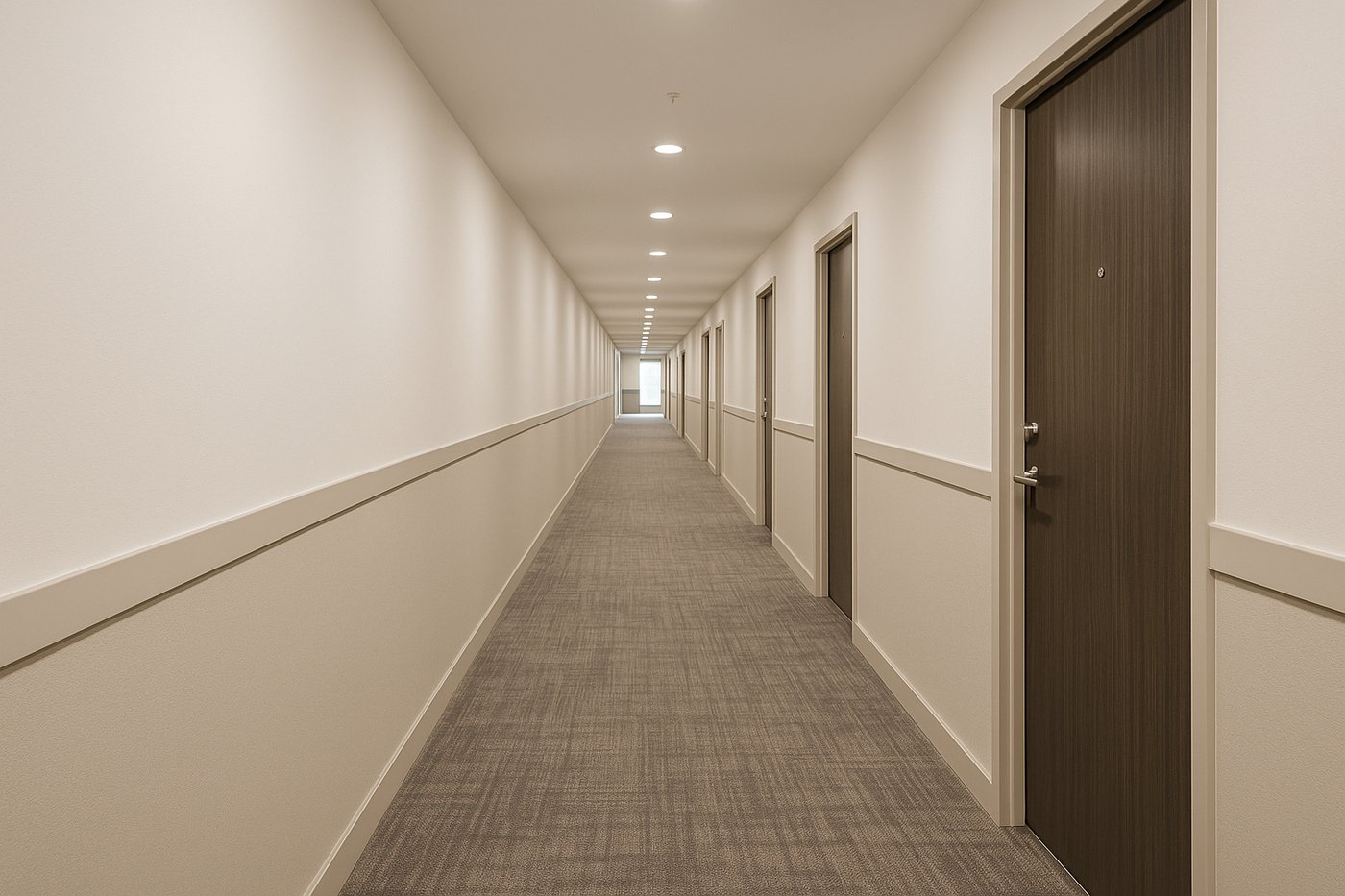 Apartment building corridor after renovation with durable wall finishes and new lighting