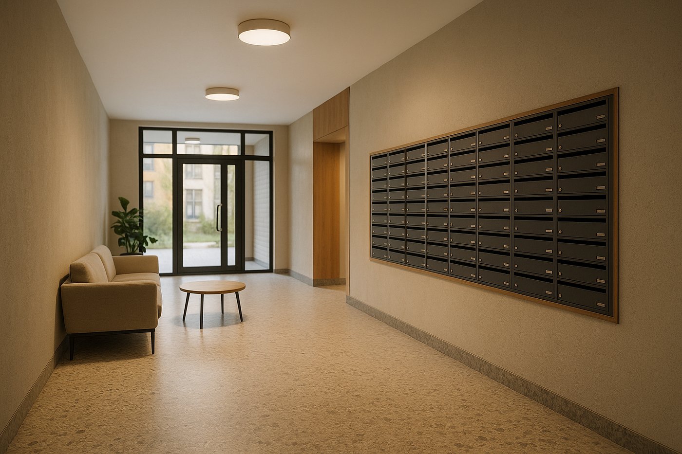 Renovated apartment building lobby with seating, mail area and a glazed entrance