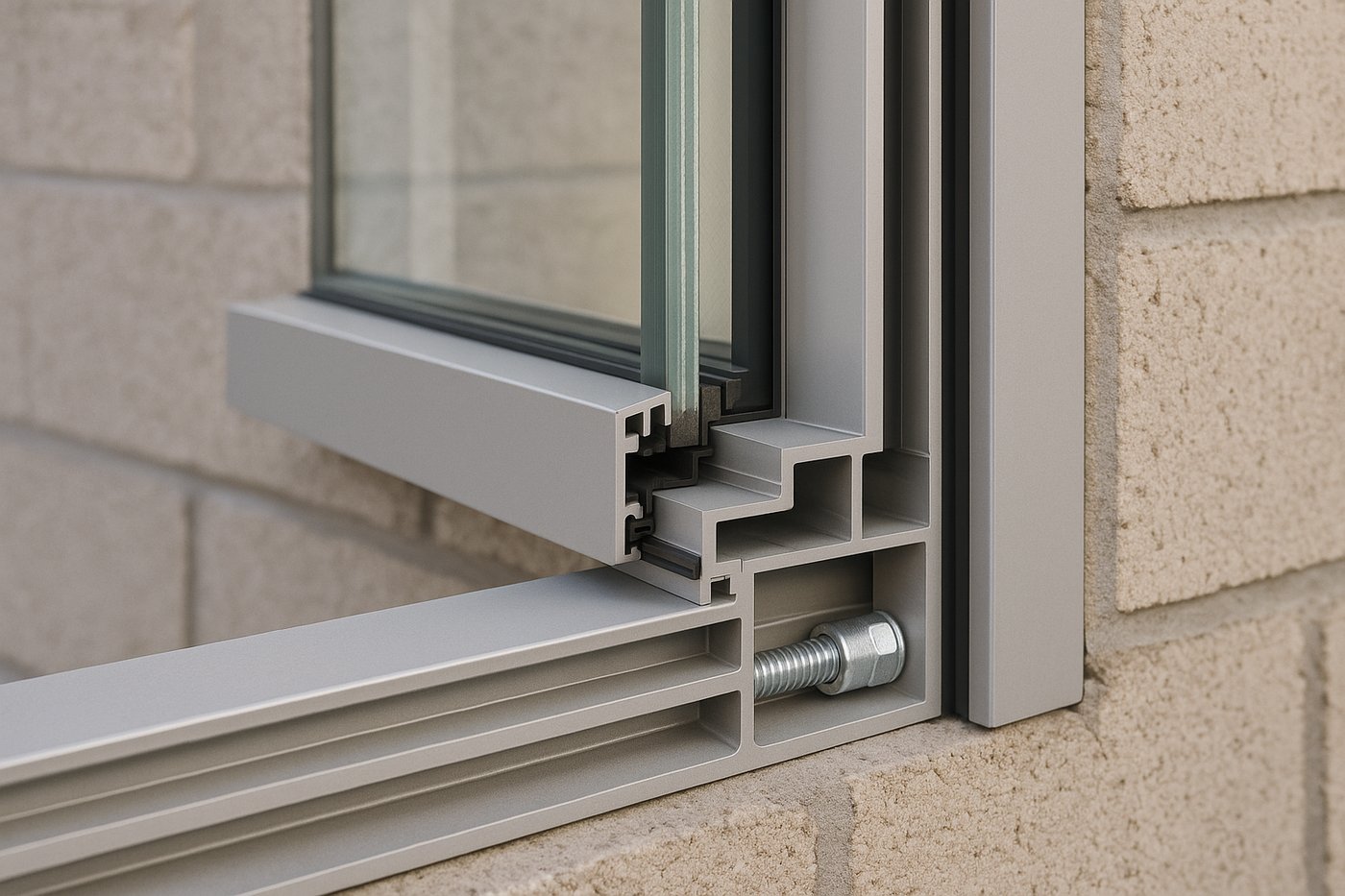 Cutaway of an impact-rated window showing the laminated interlayer and frame anchorage