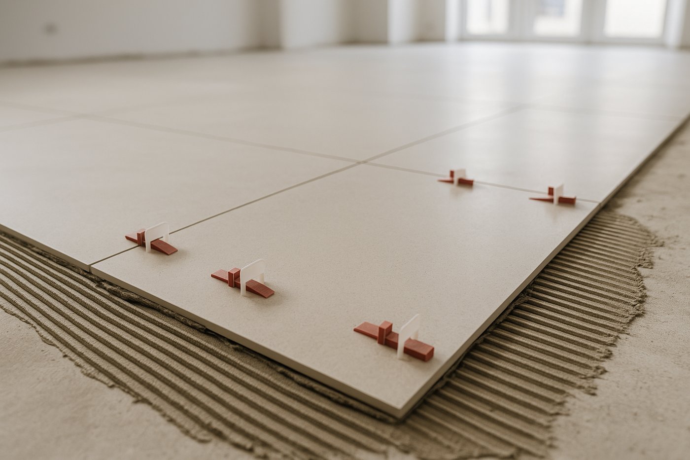 Large-format porcelain tiles being laid over a levelled bed with levelling clips