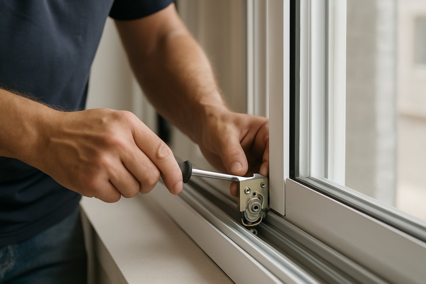Sliding window hardware and track being adjusted during a repair