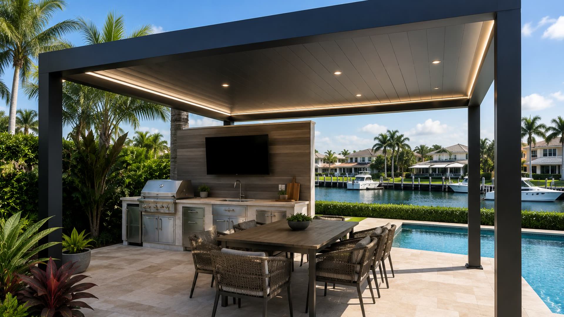 Covered outdoor kitchen with a built-in grill run, storage cabinets and a wall-mounted television, with a dining table alongside and a pool and waterway beyond
