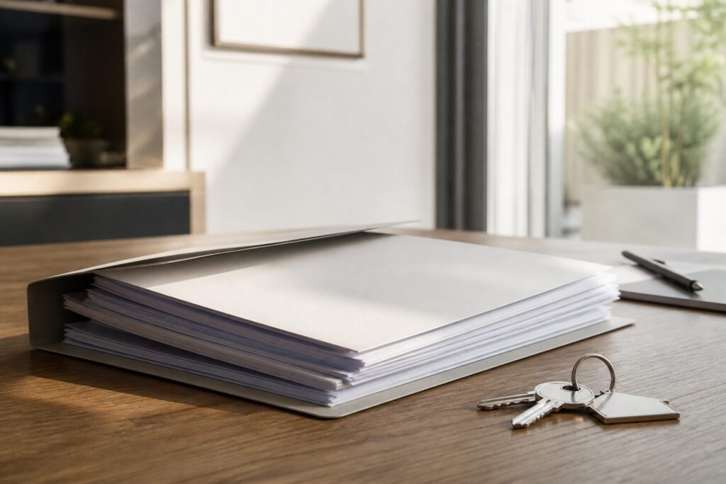 Illustration of closeout documents in a folder on a desk beside a set of keys