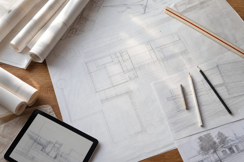 Illustration of a construction document set laid out on a desk with a scale rule and drawing tools