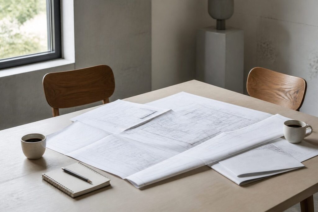 Illustration of a table set for a project consultation with a folded drawing set and notepad