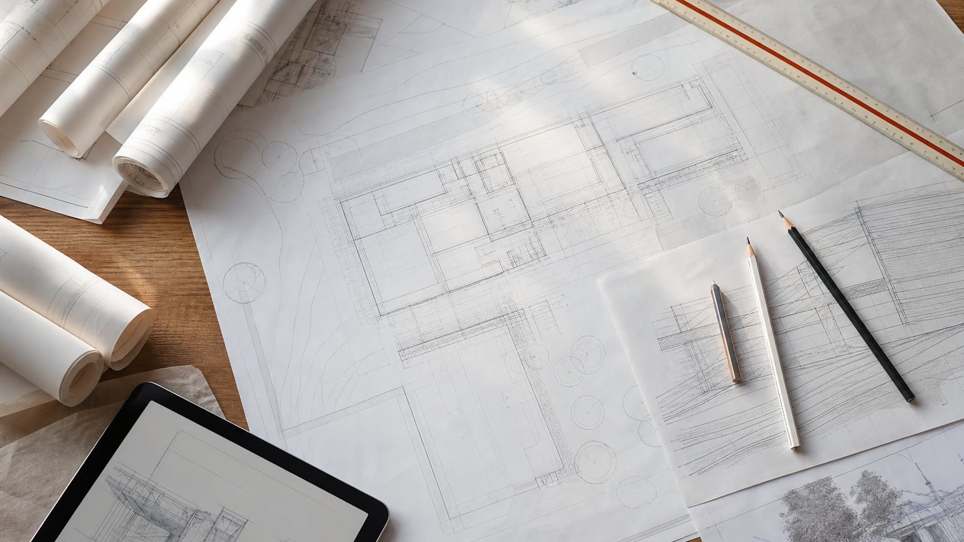 Illustration of a construction document set laid out on a desk with a scale rule and drawing tools