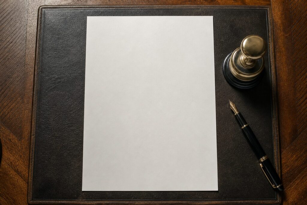 Illustration of a single official document on a desk beside a notary embosser and pen