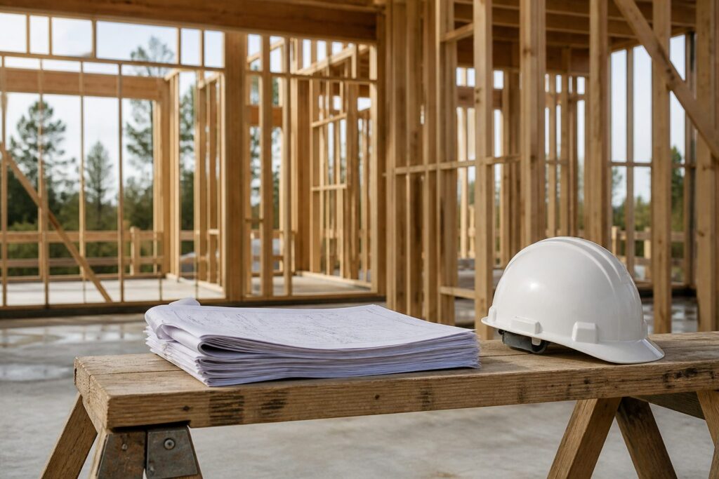 Illustration of a drawing set and hard hat on a sawhorse in front of a framed house under construction