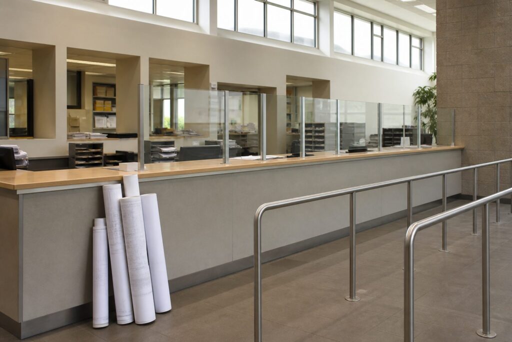 Illustration of a municipal permitting counter with drawing tubes resting against it