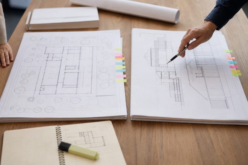 Illustration of two drawing sets side by side during plan review, with tabs marking pages for comment