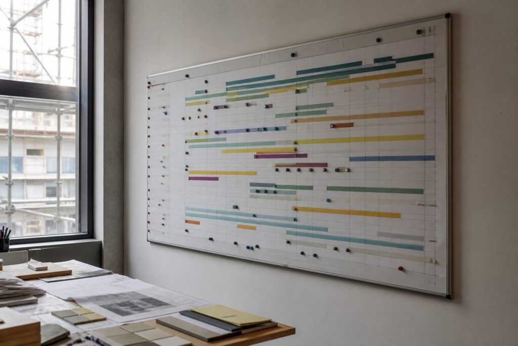 Illustration of a planning board showing an abstract construction programme