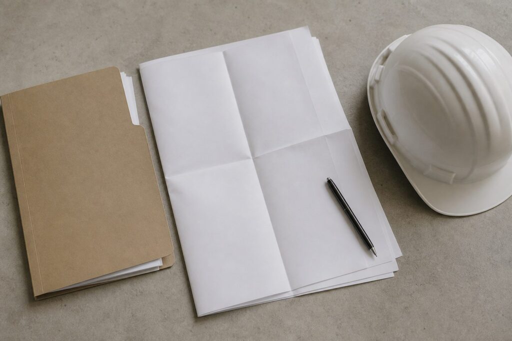 Illustration of a construction project file, folded drawings, hard hat and pen on a desk
